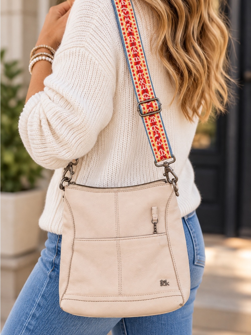 The Sak Cream Crossbody with Multicolor Woven Strap